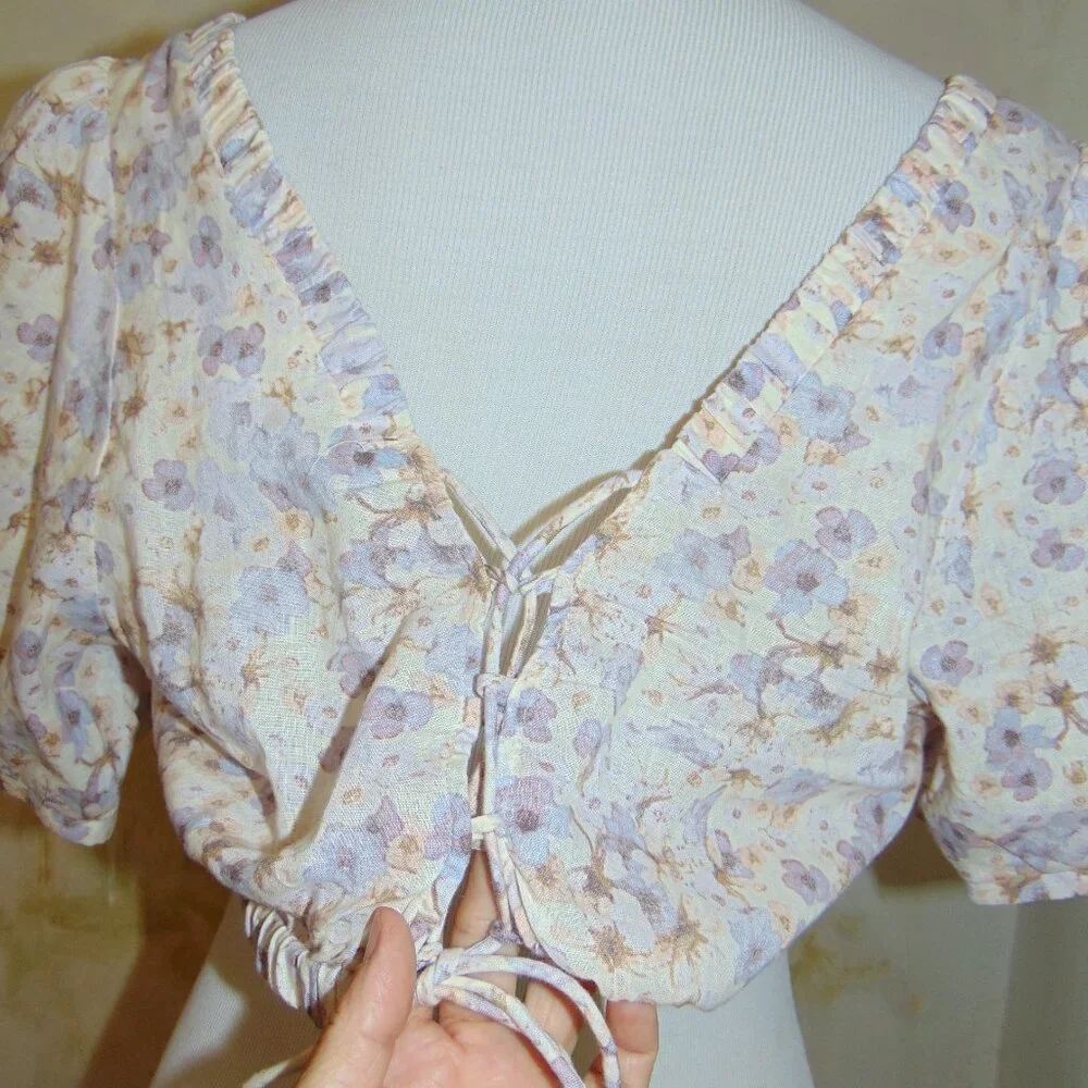 H&M LINEN Blend Cropped Watercolor Floral Blouse Top Prairie Corset Back Violet - Picture 2 of 10